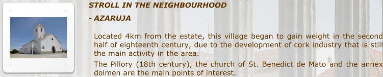 STROLL IN THE NEIGHBOURHOOD -	AZARUJA  Located 4km from the estate, this village began to gain weight in the second half of eighteenth century, due to the development of cork industry that is still the main activity in the area. The Pillory (18th century), the church of St. Benedict de Mato and the annex dolmen are the main points of interest.